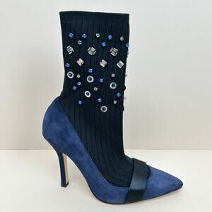 Zara Jewel Embellished Navy Pointed Toe Sock Boot Heels